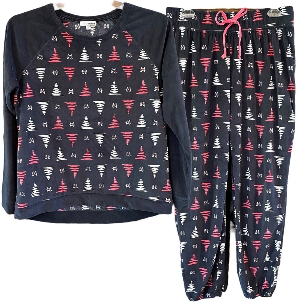 Sonoma Size M Velour Pajama Set Long Sleeve Navy Pink White